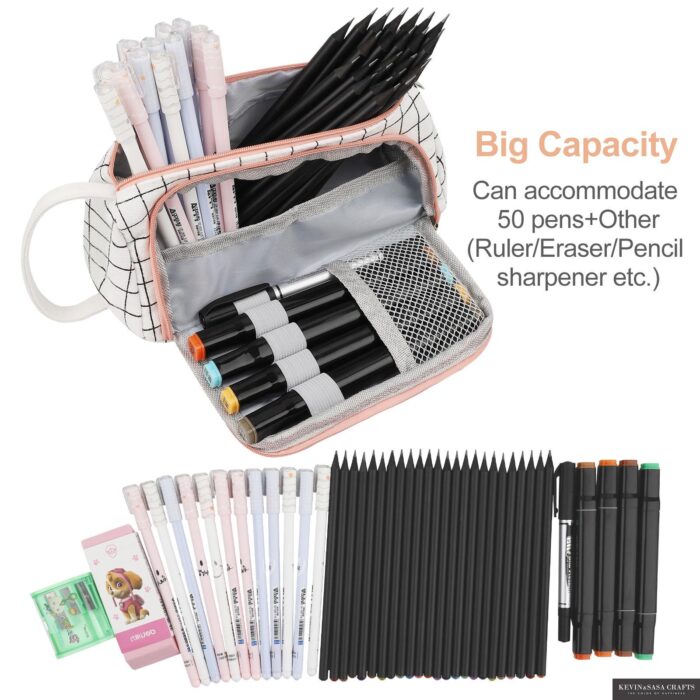 Large Capacity Pencil Case Big Capacity 3 Compartments Canvas Pencil Pouch for Teen Boys Girls School Students (Pink Strip Black Grid) - Image 7